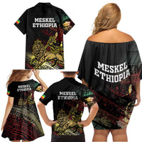Meskel Ethiopia Family Matching Off Shoulder Short Dress and Hawaiian Shirt Lion Of Judah With Grunge Patterns - Wonder Print Shop