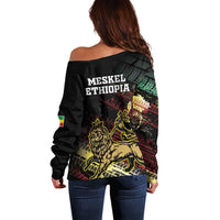 Meskel Ethiopia Off Shoulder Sweater Lion Of Judah With Grunge Patterns - Wonder Print Shop