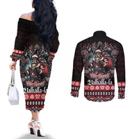 Viking Santa Christmas Couples Matching Off The Shoulder Long Sleeve Dress and Long Sleeve Button Shirt Valhalla-la Nordic Xmas Spirit - Wonder Print Shop