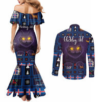 Iceland Christmas Couples Matching Mermaid Dress and Long Sleeve Button Shirt Yule Cat Christmas Lightning Art