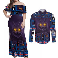 Iceland Christmas Couples Matching Off Shoulder Maxi Dress and Long Sleeve Button Shirt Yule Cat Christmas Lightning Art - Wonder Print Shop