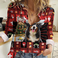 Merry Christmas Bernese Mountain Dog Women Casual Shirt Switzerland Symbols - Lightning Art - Wonder Print Shop