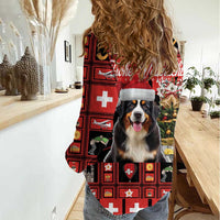 Merry Christmas Bernese Mountain Dog Women Casual Shirt Switzerland Symbols - Lightning Art - Wonder Print Shop