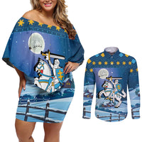 Lithuania Christmas Couples Matching Off Shoulder Short Dress and Long Sleeve Button Shirt Coat Of Arms Merry Xmas - Wonder Print Shop