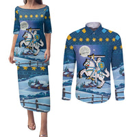Lithuania Christmas Couples Matching Puletasi and Long Sleeve Button Shirt Coat Of Arms Merry Xmas - Wonder Print Shop