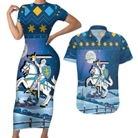 Lithuania Christmas Couples Matching Short Sleeve Bodycon Dress and Hawaiian Shirt Coat Of Arms Merry Xmas - Wonder Print Shop