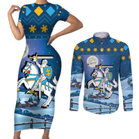 Lithuania Christmas Couples Matching Short Sleeve Bodycon Dress and Long Sleeve Button Shirt Coat Of Arms Merry Xmas - Wonder Print Shop