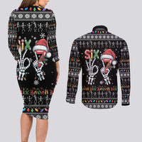 Six Seven Funny Skeleton Fingers Christmas Couples Matching Long Sleeve Bodycon Dress and Long Sleeve Button Shirt Creepy Santa Skeleton Hands - Wonder Print Shop