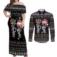 Six Seven Funny Skeleton Fingers Christmas Couples Matching Off Shoulder Maxi Dress and Long Sleeve Button Shirt Creepy Santa Skeleton Hands - Wonder Print Shop