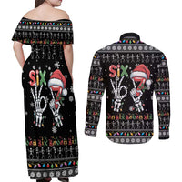 Six Seven Funny Skeleton Fingers Christmas Couples Matching Off Shoulder Maxi Dress and Long Sleeve Button Shirt Creepy Santa Skeleton Hands - Wonder Print Shop