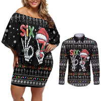Six Seven Funny Skeleton Fingers Christmas Couples Matching Off Shoulder Short Dress and Long Sleeve Button Shirt Creepy Santa Skeleton Hands - Wonder Print Shop
