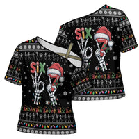 Six Seven Funny Skeleton Fingers Christmas Cross Shoulder Shirt Creepy Santa Skeleton Hands - Wonder Print Shop