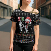 Six Seven Funny Skeleton Fingers Christmas Cross Shoulder Shirt Creepy Santa Skeleton Hands - Wonder Print Shop