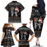Six Seven Funny Skeleton Fingers Christmas Family Matching Off The Shoulder Long Sleeve Dress and Hawaiian Shirt Creepy Santa Skeleton Hands - Wonder Print Shop