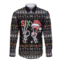 Six Seven Funny Skeleton Fingers Christmas Long Sleeve Button Shirt Creepy Santa Skeleton Hands - Wonder Print Shop