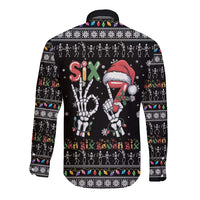 Six Seven Funny Skeleton Fingers Christmas Long Sleeve Button Shirt Creepy Santa Skeleton Hands - Wonder Print Shop