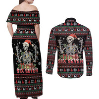 Six Seven Santa Skeleton Couples Matching Off Shoulder Maxi Dress and Long Sleeve Button Shirt Funny Christmas Skull - Wonder Print Shop