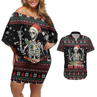 Six Seven Santa Skeleton Couples Matching Off Shoulder Short Dress and Hawaiian Shirt Funny Christmas Skull - Wonder Print Shop