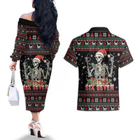 Six Seven Santa Skeleton Couples Matching Off The Shoulder Long Sleeve Dress and Hawaiian Shirt Funny Christmas Skull - Wonder Print Shop