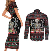 Six Seven Santa Skeleton Couples Matching Short Sleeve Bodycon Dress and Long Sleeve Button Shirt Funny Christmas Skull - Wonder Print Shop