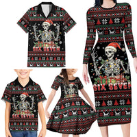 Six Seven Santa Skeleton Family Matching Long Sleeve Bodycon Dress and Hawaiian Shirt Funny Christmas Skull - Wonder Print Shop