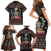Six Seven Santa Skeleton Family Matching Short Sleeve Bodycon Dress and Hawaiian Shirt Funny Christmas Skull - Wonder Print Shop