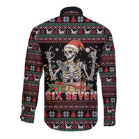 Six Seven Santa Skeleton Long Sleeve Button Shirt Funny Christmas Skull - Wonder Print Shop