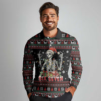 Six Seven Santa Skeleton Long Sleeve Polo Shirt Funny Christmas Skull - Wonder Print Shop