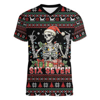 Six Seven Santa Skeleton Women V-Neck T-Shirt Funny Christmas Skull - Wonder Print Shop