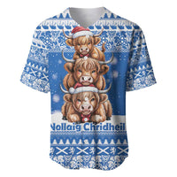 Scotland Highland Cow Christmas Baseball Jersey Nollaig Chridheil Blue Winter - Wonder Print Shop