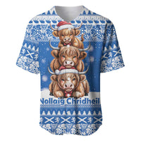 Scotland Highland Cow Christmas Baseball Jersey Nollaig Chridheil Blue Winter - Wonder Print Shop