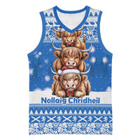 Scotland Highland Cow Christmas Basketball Jersey Nollaig Chridheil Blue Winter - Wonder Print Shop
