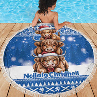 Scotland Highland Cow Christmas Beach Blanket Nollaig Chridheil Blue Winter - Wonder Print Shop