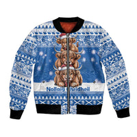 Scotland Highland Cow Christmas Bomber Jacket Nollaig Chridheil Blue Winter - Wonder Print Shop