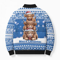 Scotland Highland Cow Christmas Bomber Puffer Jacket Nollaig Chridheil Blue Winter - Wonder Print Shop