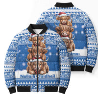 Scotland Highland Cow Christmas Bomber Puffer Jacket Nollaig Chridheil Blue Winter - Wonder Print Shop