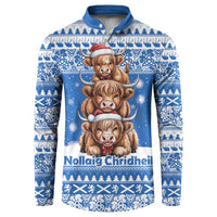 Scotland Highland Cow Christmas Button Sweatshirt Nollaig Chridheil Blue Winter - Wonder Print Shop