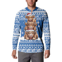 Scotland Highland Cow Christmas Button Sweatshirt Nollaig Chridheil Blue Winter - Wonder Print Shop