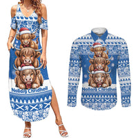 Scotland Highland Cow Christmas Couples Matching Summer Maxi Dress and Long Sleeve Button Shirt Nollaig Chridheil Blue Winter - Wonder Print Shop