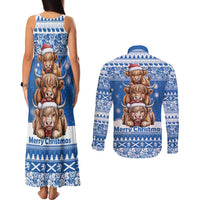 Scotland Highland Cow Christmas Couples Matching Tank Maxi Dress and Long Sleeve Button Shirt Nollaig Chridheil Blue Winter - Wonder Print Shop