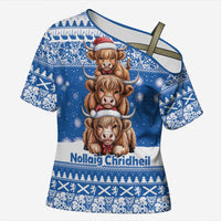 Scotland Highland Cow Christmas Cross Shoulder Shirt Nollaig Chridheil Blue Winter - Wonder Print Shop