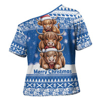 Scotland Highland Cow Christmas Cross Shoulder Shirt Nollaig Chridheil Blue Winter - Wonder Print Shop