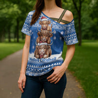 Scotland Highland Cow Christmas Cross Shoulder Shirt Nollaig Chridheil Blue Winter - Wonder Print Shop