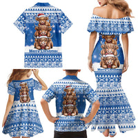 Scotland Highland Cow Christmas Family Matching Mermaid Dress and Hawaiian Shirt Nollaig Chridheil Blue Winter - Wonder Print Shop