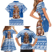Scotland Highland Cow Christmas Family Matching Short Sleeve Bodycon Dress and Hawaiian Shirt Nollaig Chridheil Blue Winter - Wonder Print Shop