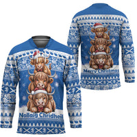 Scotland Highland Cow Christmas Hockey Jersey Nollaig Chridheil Blue Winter - Wonder Print Shop