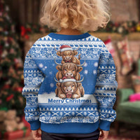 Scotland Highland Cow Christmas Kid Ugly Christmas Sweater Nollaig Chridheil Blue Winter - Wonder Print Shop