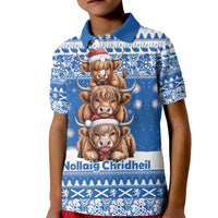 Scotland Highland Cow Christmas Kid Polo Shirt Nollaig Chridheil Blue Winter - Wonder Print Shop