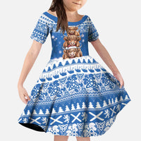 Scotland Highland Cow Christmas Kid Short Sleeve Dress Nollaig Chridheil Blue Winter - Wonder Print Shop