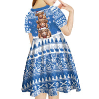 Scotland Highland Cow Christmas Kid Short Sleeve Dress Nollaig Chridheil Blue Winter - Wonder Print Shop